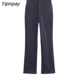 Yipinpay 2023 Women Striped Blazer Pant Sets Spring Autumn Long Sleeve Office Outfits Double Breasted Jacket Zipper Trouser Outwear