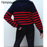 Yipinpay Women Zip-up Striped Knitted Sweater 2023 Autumn Turtleneck Long Sleeve Coats Female Pullovers Fashion Loose Chic Tops