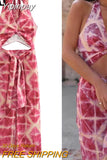 Yipinpay Print Halter Long Dress Women Cut Out Backless Dress Woman Off Shoulder Summer Party Dresses For Women Knot Evening Dresses