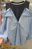Yipinpay Shirts for Women Blusas Mujer Fake Two Shirt Loose Long Sleeve Off Shoulder Top Femininas Elegantes Spring T-shirts Pink