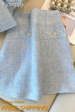 Yipinpay Blue Tweed Cardigan Elegant Crop Top Summer Shirt Beach Outfits for Women Blazers Sets Mini Plaid Skirts Faldas Korean
