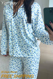 Yipinpay Women's Y2K 2Pcs Heart/Floral Print Pajamas Set Long Sleeve Lapel Button Up Shirt Tops+Sleepwear Pants Pjs Loungewear
