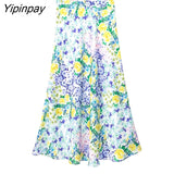 Yipinpay New Women's Floral Printed Midi Skirt 2023 Summer Female High Waist Chic A-line Dress Vintage Beach Style Mid-Calf Skirt