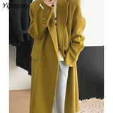 Yipinpay Women's Winter Elegant Thick Woolen Coats Women 2023 Street Temperament Loose Long Overcoat Warm Vintage Green Outwear