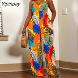 Yipinpay Women Elegant Halter Deep V Neck Sleeveless All Over Print Straight Leg Casual Jumpsuits