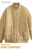 Yipinpay TRAF Fashion Oversized Bomber Jackets for Women 2023 Winter Casual Coats Female Chic with Pockets Long Sleeves Outerwear