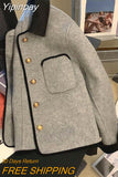 Yipinpay Grey Quilted Coats Vintage Women Clothing Contrast Lapel Woolen Jacket Autumn Winter Coats Harajuku Jaquetas Chaqueta