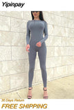 Yipinpay Fall Sports Casual Jumpsuit Women Solid Fashion Diagonal Zipper Pocket Tight Sexy Playsuit Female Street Fitness Overalls