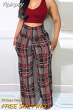 Yipinpay Women's Bottoms Elegant Casual Plaid Print High Waist Long Pants Loose Trouser