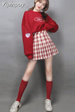 Yipinpay Winter Two pieces sets Women Set Korean Loose Hooded Hoodies+Plaid Skirt Preppy style Plus velvet nsemble femme 2 pièces