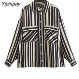 Yipinpay Women Striped Blouses Shirt 2023 Spring Autumn Causal Turn Down Collar Long Sleeved Thin Tops Single Breasted T-Shirts
