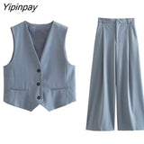 Yipinpay Women Fashion Spring Blazer Vest Pants Sets 2023 Casual Single Breasted Vest Top High Waist Zipper Wide Leg Pants Outwear