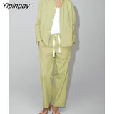 Yipinpay 2023 Women Solid Blouse Pants Sets Spring Casual Single Breasted Long Sleeve Shirts Elastic Waist Pants Outwear Two Colors