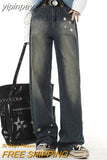 yipinpay High Waist Women Jeans Stars Printing Vintage American Fashion Streetwear Wide Leg Female Denim Trouser Straight Pants