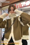 Yipinpay Women's Sweaters 2023 Autumn Contrast Black Turtleneck Crop Cardigan Puff Long Sleeve Grey Knitwear Jacket Lazy Loose