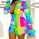 Yipinpay Women Long Sleeves Turn Down Collar Plaid Pattern Button Lace Patchwork Mini Dress Tops