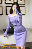 Yipinpay Solid Matching Sets Slim Purple Strap Wrap Hip Knitted Dress Mini Slim O Neck Long Sleeve Knitted Cardigan Thin Sweaters