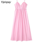 Yipinpay Women Fashion Pleated Poplin Midi Dress Vintage Backless Elastic Side Zipper Thin Solid Female Dresses Vestidos
