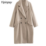 Yipinpay Elegant Ladies Loose Woolen Coat 2023 Winter Simple Double Breasted Long Sleeve Outwear Warm Basic Female Fashion Overcoat