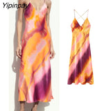 Yipinpay Elegant Women Print Mid-Calf Camisole Dress 2023 Summer V-neck Party Backless Vestidos A-Line Sleeveless Dress Outwear
