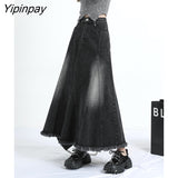 Yipinpay Irregular Long A-line Denim Skirt For Women High Waist Balck Jean Skirts For Ladies