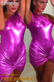 Yipinpay Piece Set Women Night Club Outfits Sexy Slant Shoulder Bright Bodysuits+High Waist Ruched Twist Mini Skirts 2023 Spring Fall