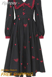 Yipinpay Black Heart Long Dress Elegant Puff Sleeve Christmas Party Dress Female Winter Korean One Piece Gothic Y2K Dress 2023
