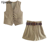 Yipinpay 2Pcs Ladies Vest Blazer Sets 2023 Pretty V-neck Solid Single Breasted Jacket+A-Line Short Trousers With Belt Basic Suits