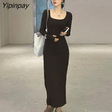 Yipinpay Casual Square Collar Knitted Pencil Dress Women 2023 Autumn Winter Full Sleeve Slim Split Long Badycon Dress Female