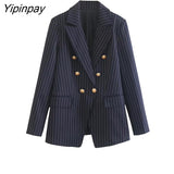 Yipinpay 2023 Women Striped Blazer Pant Sets Spring Autumn Long Sleeve Office Outfits Double Breasted Jacket Zipper Trouser Outwear