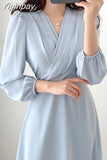 Yipinpay pleated V neck long dress Puff sleeve A-line chiffon robe Korean chic retro elegant slim spring 2023 autumn office dresses