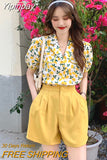Yipinpay Summer Small Cute Sweet Floral Women's Shorts Sets Fashion Loose Bubble Short Puff Sleeve Shirt+wide Leg Shorts 2-piece Set 0406