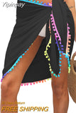 Yipinpay Women Beach Sarongs, Sexy Sheer Mesh Swimsuit Wrap Skirt Bikini Cover Up with Colorful Pompom Tassel Summer 2023