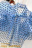 Yipinpay Puff Sleeve Black Polka Dot Shirt Women Vintage Blusa Bow Lace Up Lantern Sleeve Transparent Shirt New Blouse Top 2023
