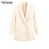 Yipinpay Newest Spring Autumn Women Blazer Jacket Pant Sets 2023 Office Double Breasted Suit Pockets Wide Leg Trousers