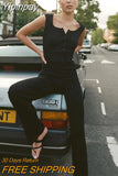 Yipinpay Black Knitted Sleeveless Jumpsuit Women Button Wide Leg Jumpsuits 2023 Femme Streetwear Casual Straight Rompers Overalls