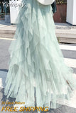 Yipinpay Women Tutu Mesh Maxi Skirt Long Tulle Solid Irregular Casual Korean Skirts Lining High Waist Kawaii Bridesmaid Faldas