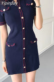 Yipinpay Collar Knitted button mini dress sexy summer 2023 short Sleeve robe dresses vintage Sheath jurk women