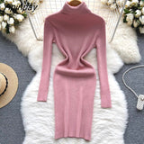 Yipinpay Full Sleeve Slim Knitted Pencil Dress Female Casual Pullover Turtleneck Sweater Bodycon Dress Ladies Autumn Winter
