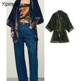 Yipinpay Women Loose Velvet Kimono Blouses WIth Belt 2023 Spring Causal Long Sleeved Tops Printed Fashion V-neck T-Shirts