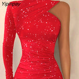Yipinpay Women Glitter Glamorous One Shoulder Asymmetrical High Silt Bodycon Midi Sexy Formal Party Red Dress