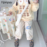 Yipinpay Autumn Set Women Loose Cute Peter Pan Collar Printed Sweater + Corduroy Pants Two-piece Suit