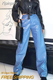 Yipinpay Vintage Faux Leather Pants Women High Waist Button Straight-Leg Trousers Streetwear Grunge Punk Style Female Pants
