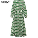 Yipinpay 2023 Women Geometric Dresses With Belt Spring Summer Elegant Turn Down Collar Mid-Calf Dresses A-line Long Sleeve Vestidos