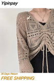 Yipinpay Women Spring College Cropped Lace Up Chic Khaki Pure Hollow Out Knitwear All-match Trendy Mujer Simple Aesthetic White