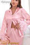 Yipinpay Feather Long Sleeve Women Home Suit Shirt And Pants Suit White Satin 2 Piece Set Female Button Sleep Two Piece Suits