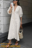 Yipinpay Elegant Beige Women Linen Dress Puff Sleeve Long Backless Button Dress Ladies V-Neck Cotton Dresses Soft Summer 2023