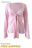Yipinpay Womens Long Sleeve T-Shirts Solid Color Deep V-Neck Front Tie Split Bow Knot Casual Fall Winter Fashion Slim Fit Tops