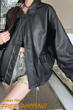 Yipinpay Black Leather Jacket Women Outerwear Loose Zipper Moto Biker Leather Jacket Winter Streetwear Vintage Casual Faux Fur Coat