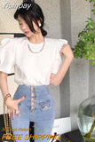 Yipinpay Right Shoulder Puff Short Sleeve T-shirts Summer Women's Crop Tops Cotton Tees Solid Wild O Neck Chain Tshirt Casual